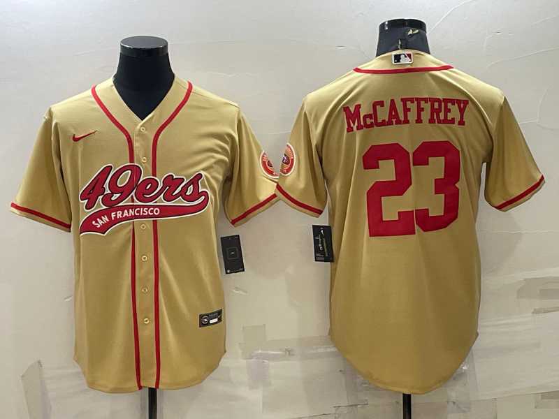 Mens San Francisco 49ers #23 Christian McCaffrey Gold With Patch Cool Base Stitched Baseball Jersey